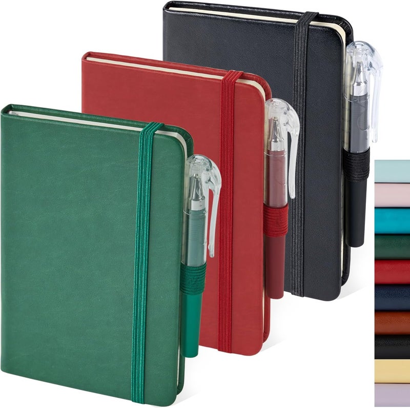 NIRMIRO Small Notebook Journals, 3 Pack Mini Pocket Note pads for Men & Women Writing, A6 Small Leather Notepad 3.7" x 5.7" with Pen, Black, Red, Green - Image 1